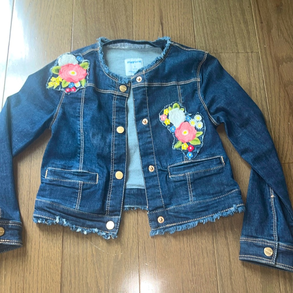 Mayoral Girls Denim Jacket Embroidered Floral And Fringe - Size 7